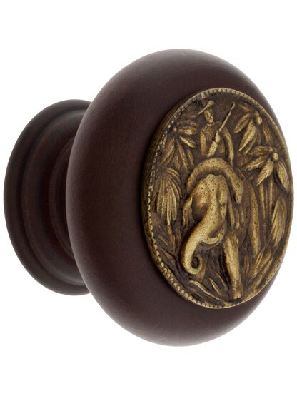Hardwood Knob with Elephant Onlay - 1 1/2 inch Diameter in Dark Walnut/Antique Brass.